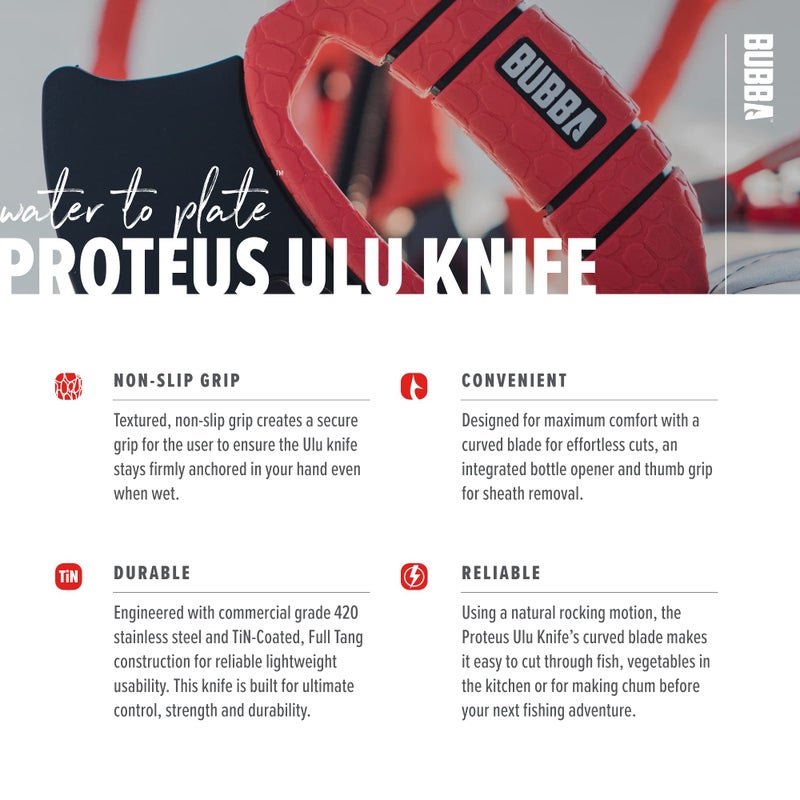 BUBBA ULU Knife with Non-Slip Grip Handle, Curved Blade, Integrated Bottle Opener and Sheath, Red - Image 4